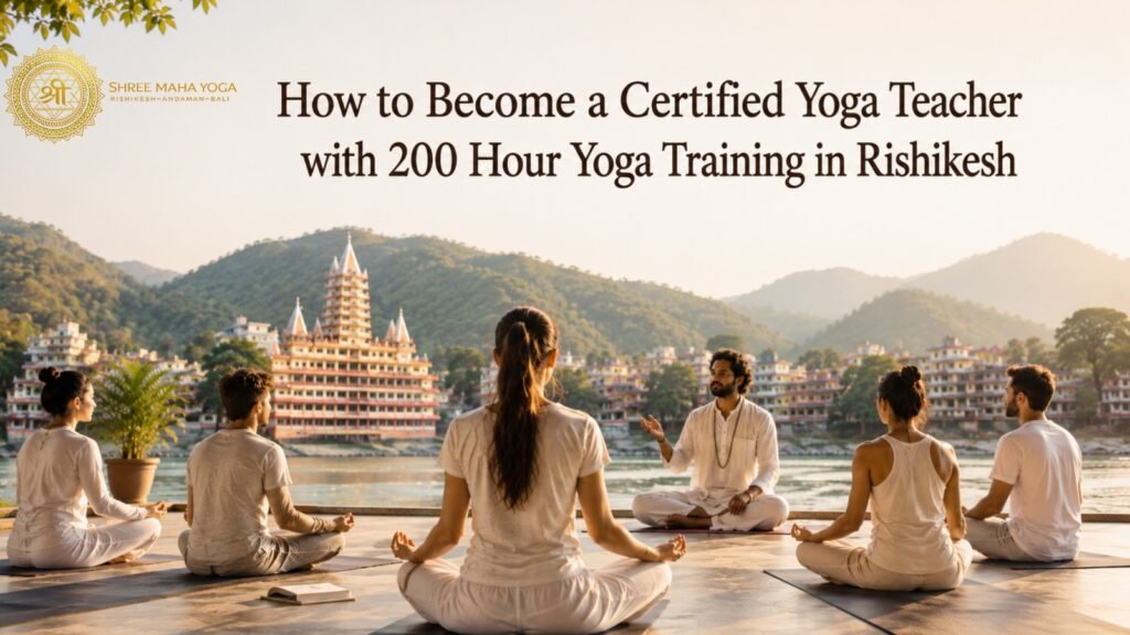 200 Hour Yoga Training in Rishikesh with students practicing yoga by the Ganges